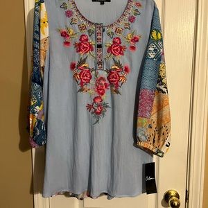 Calessa Large Top.   Chambray Multi-color